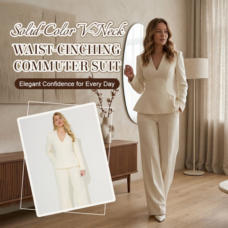 Solid-Color V-Neck Waist-Cinching Commuter Suit