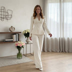 Solid-Color V-Neck Waist-Cinching Commuter Suit