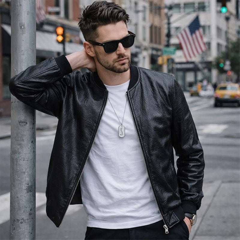 🖤 2026 New Men's Lightweight Plaid Leather Jacket (Baseball Collar)