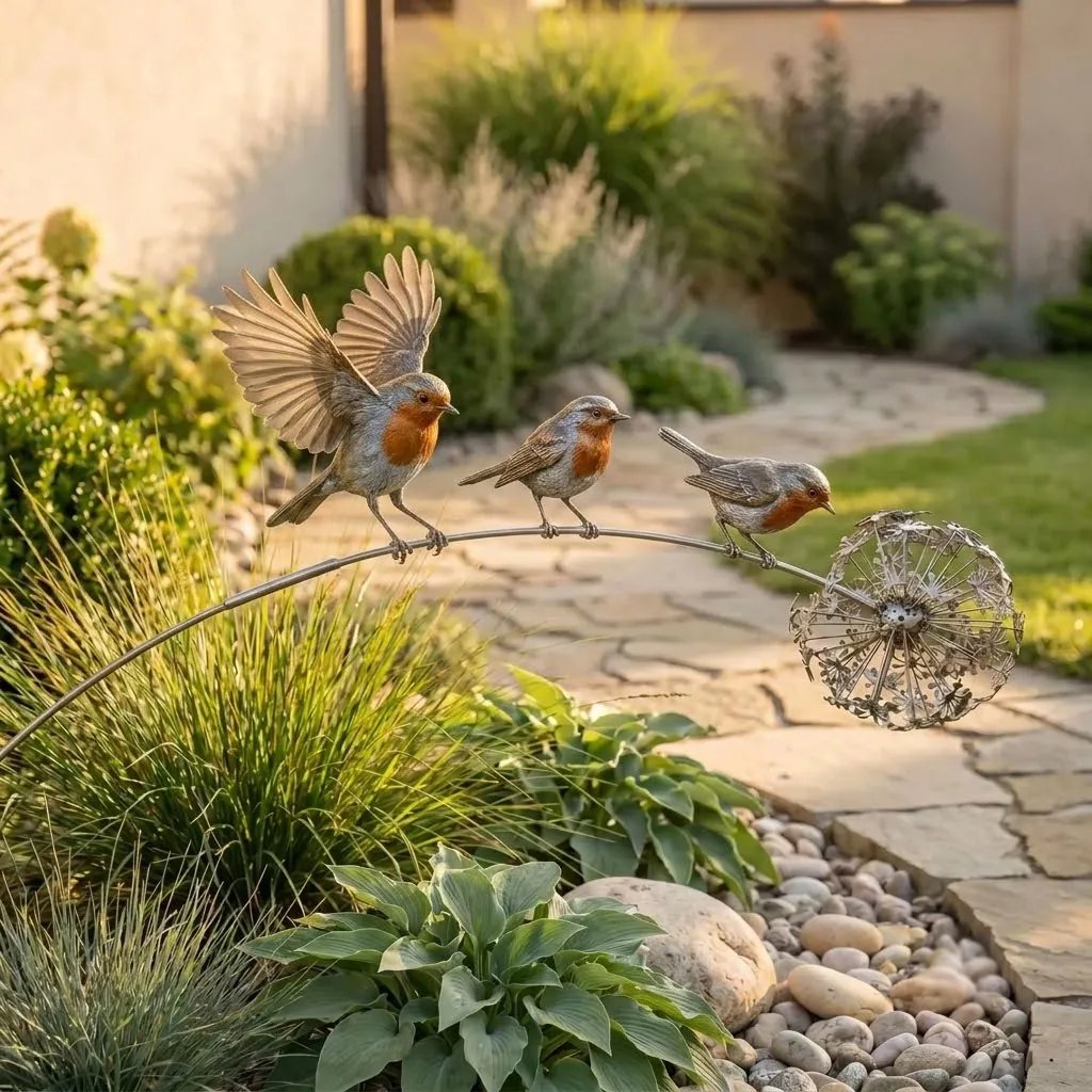 Wrought Iron Floral Ornaments for Outdoor Courtyards & Gardens🕊️Robin Garden Stake