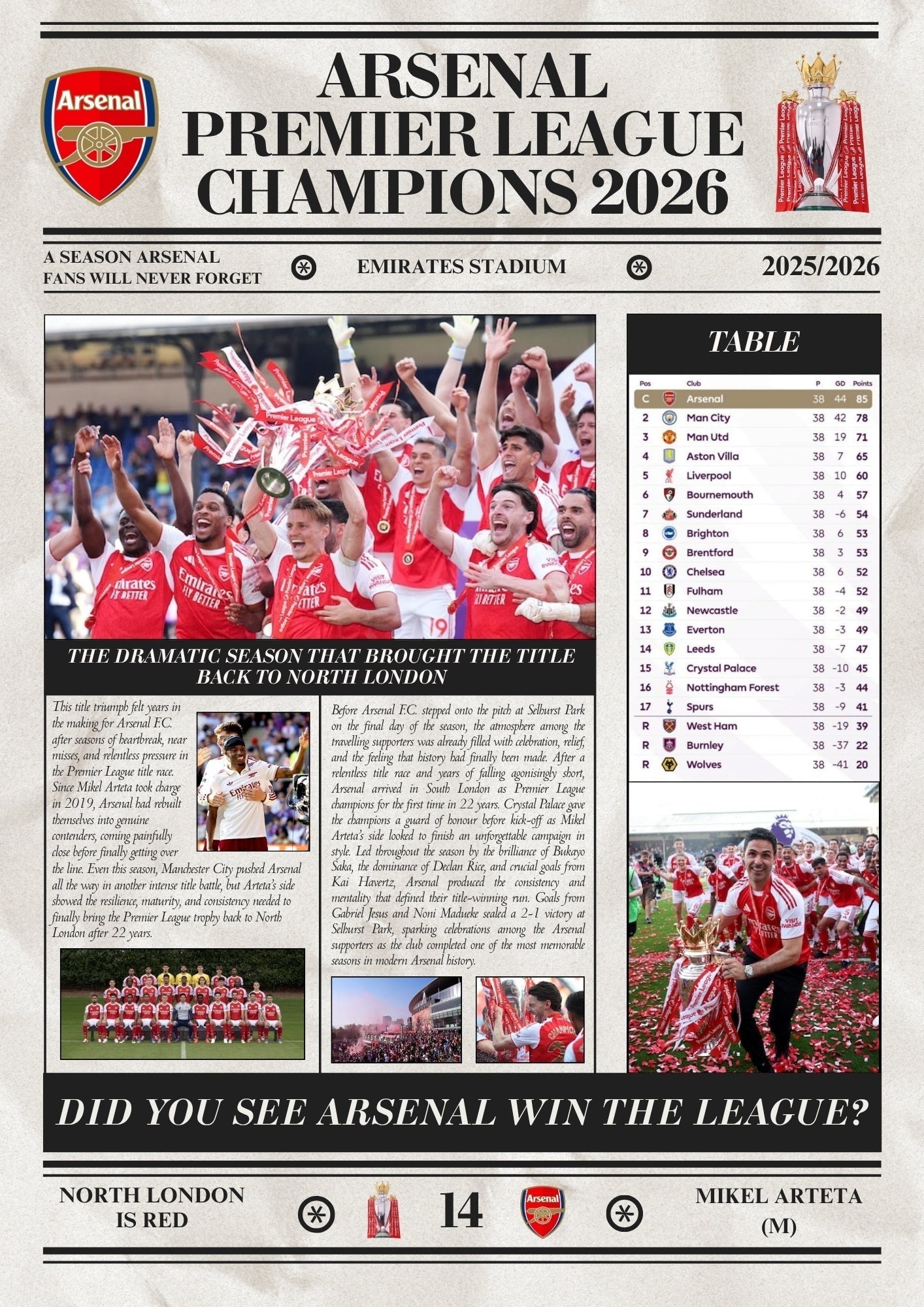 Arsenal Premier League Champions 2026 - Newspaper Style Poster⚽