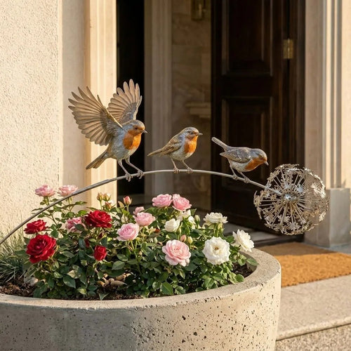 Wrought Iron Floral Ornaments for Outdoor Courtyards & Gardens🕊️Robin Garden Stake